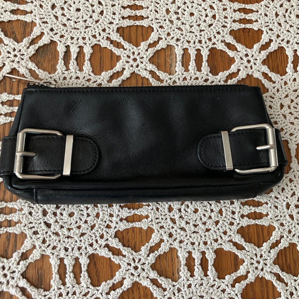 Banana Republic Slim Black Leather Zipper Closure Clutch Silver Hardware